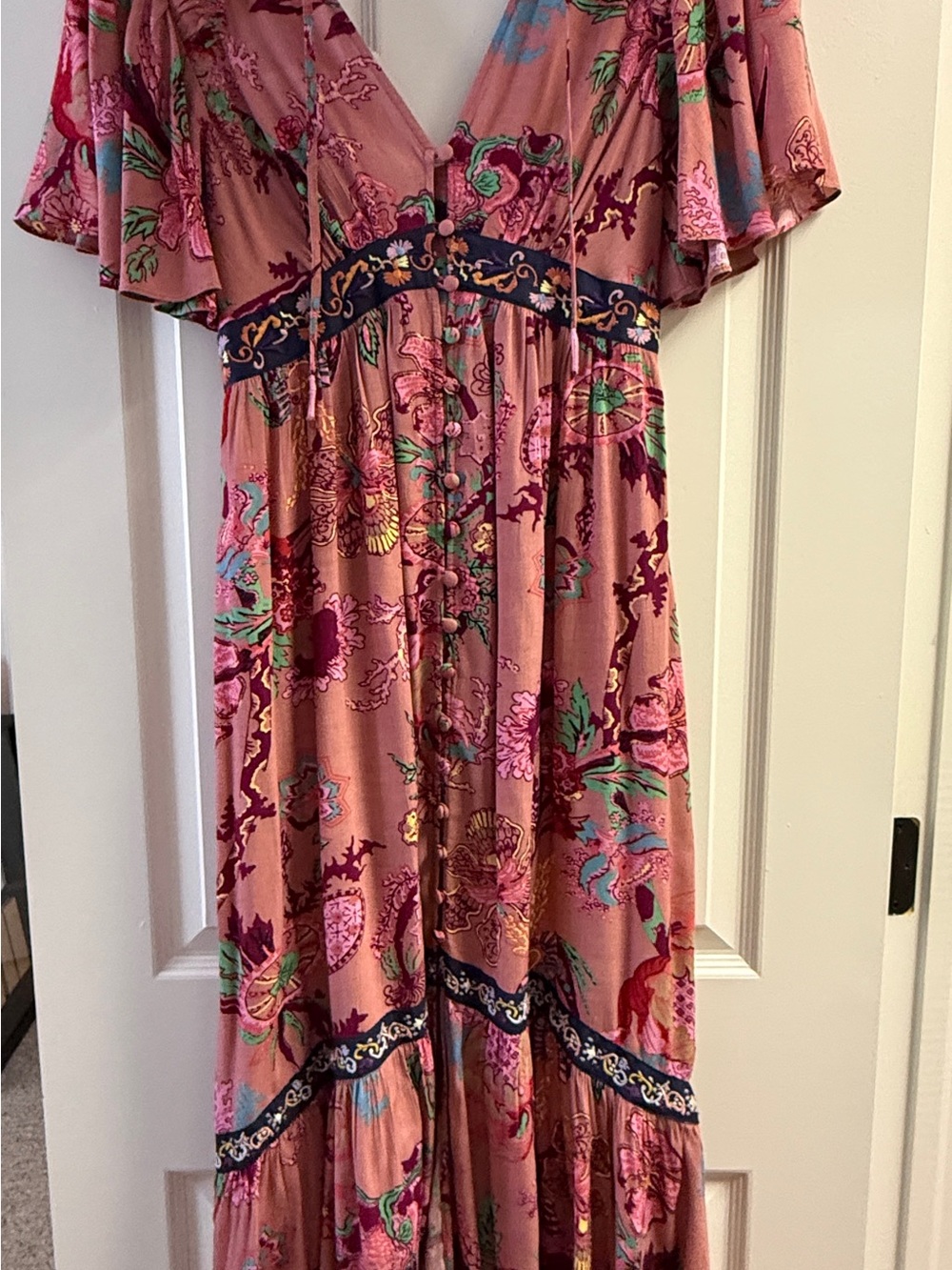 FARM RIO NWT by Anthropologie Floral V-Neck Ruffled Embroidered Boho Maxi Dress